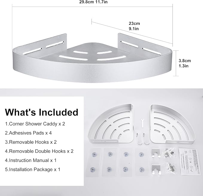 DUFU Adhesive Corner Shower Caddy with Hooks, Silver, 2 Pack | Bathroom Shower Organizer, No Drilling, Rust Proof Aluminum Shower Shelf For Inside Shower