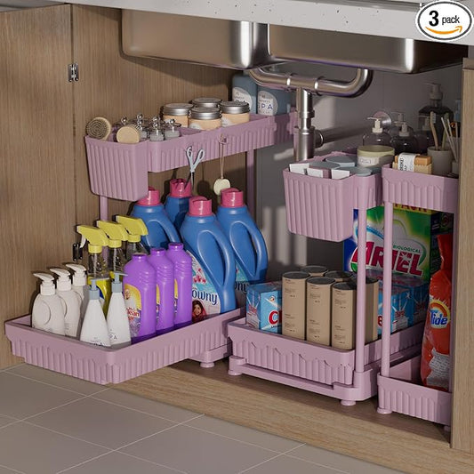 Sevenblue 3-Pack 2-Tier L-Shaped Under Sink Organizers with Sliding Drawers | Multi-use kitchen & bathroom storage, 14.85 inch pink cabinet organizer, space-saving sliding drawer design.
