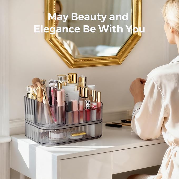 Delamu Rotating Makeup Organizer countertop, Brush Holder for Vanity, Black | Stackable Drawer Makeup Storage for Skincare, Lipstick, Brushes & Perfume, Fits Dresser & Bathroom Countertop, Gift for Women