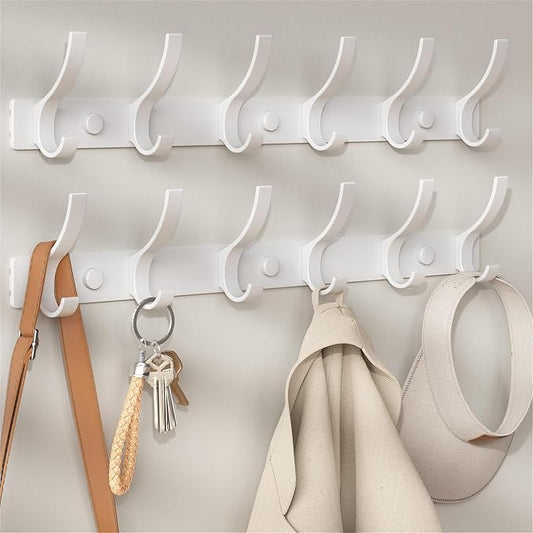 Optish Coat Rack Wall Mount, Coat Hook Wall Mount, Wall Hooks for Hanging, Hat Rack for Walls, Coats Hanger with 12 Hook, Towel Hooks for Bathrooms (2 Pack, White)