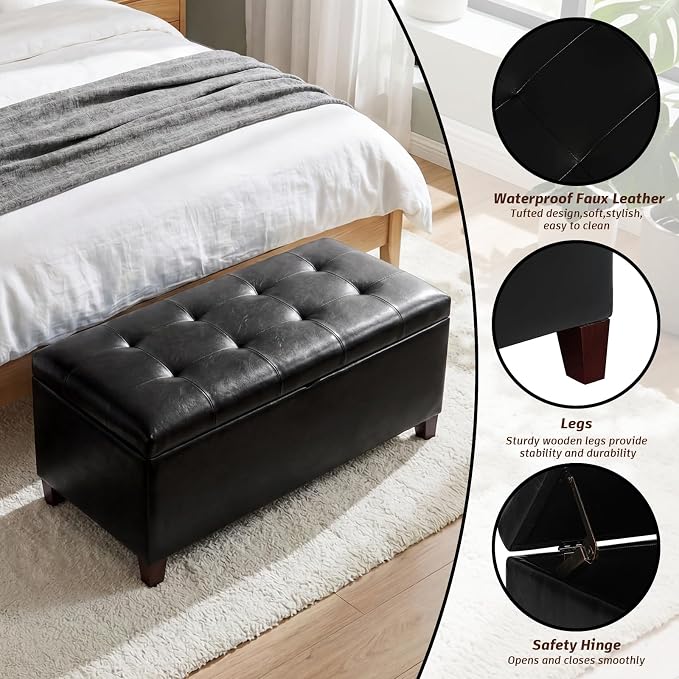 Joveco Storage Ottoman Bench, 33 Inches Faux Leather Rectangle Tufted Foot Stool for End Foot of Bed, Bedroom, Living Room, Black
