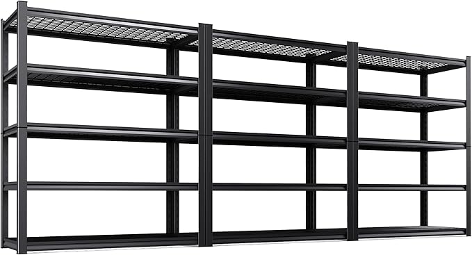 Set of 3 Garage Shelving-3000 lbs 5 Tier Storage Shelves, Adjustable Heavy Duty Metal Shelving Unit and Storage Large Wire Rack, Utility Steel Shelf for Warehouse Industrial-78 x46 x20, Black