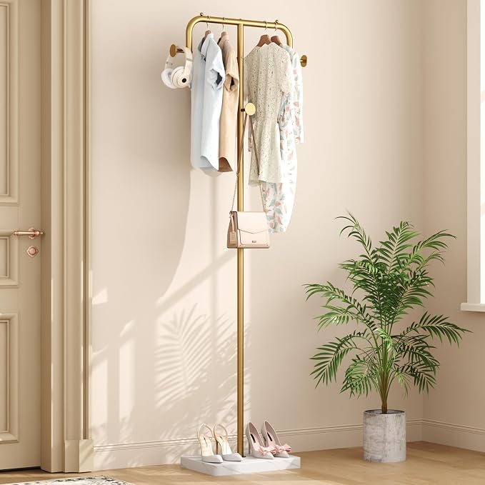 HOMEFORT Coat Rack, Freestanding Metal Coat Racks, Coat Tree Stand with 4 Hooks for Closet, Bedroom, Entryway, Living Room, Gold