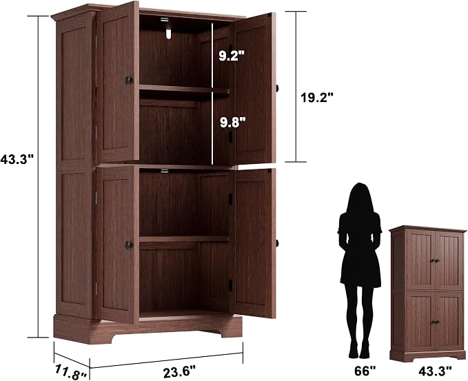 ChooChoo Bathroom Floor Cabinet with Adjustable Shelves | Bathroom Storage Cabinet, 4 Doors, Freestanding Cupboard for Living Room, Kitchen Pantry, Walnut