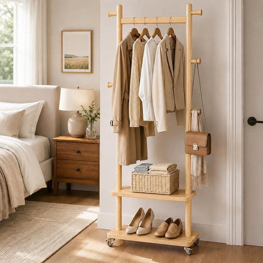 Taitiy Coat Rack Freestanding Solid Wood with Wheels 2 Shelves 5 Hooks | 100% solid rubberwood,hidden 360° silent wheels,2 tier shelves,5 hooks,small clothing rack,entryway bedroom living room