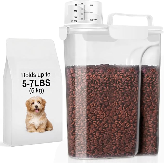 LEAWALK 5-7LBS Plastic Dog Cat Storage Container PBA-free, Pet Food Containers with 4-Buckle Handle Design is Leak-Proof, Easy to Clean and Portable-Whtie