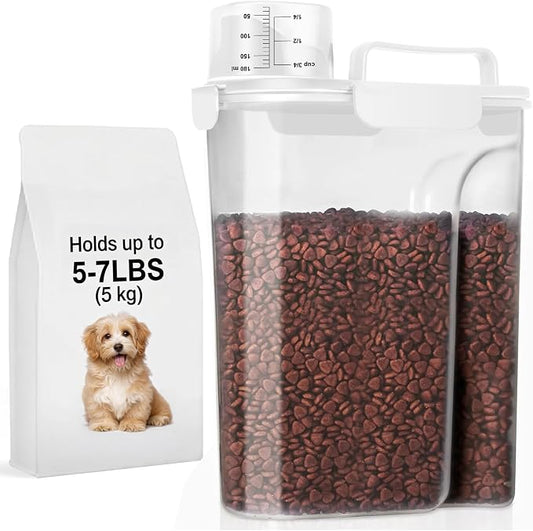 LEAWALK 5-7LBS Plastic Dog Cat Storage Container PBA-free, Pet Food Containers with 4-Buckle Handle Design is Leak-Proof, Easy to Clean and Portable-Whtie