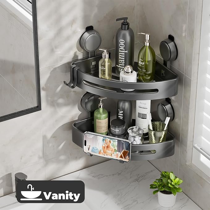 Shower Caddy Corner,Suction Cup Shower Caddy with Hooks,No Drilling Rustproof Aluminum Bathroom Organizers and Storage,Shelves for Bathroom Accessories Decor (3)