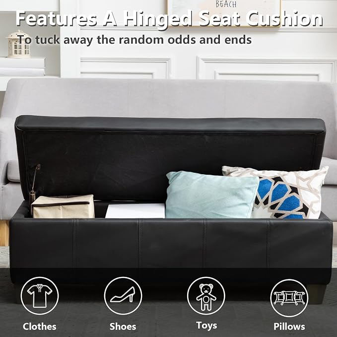 51 Inch Storage Ottoman, Storage Bench with Safety Hinge, Upholstered Synthetic Leather Ottoman Bench for Bedroom, Living Room, Entryway, Hallway, Foot Rest, Support 500lbs, Black
