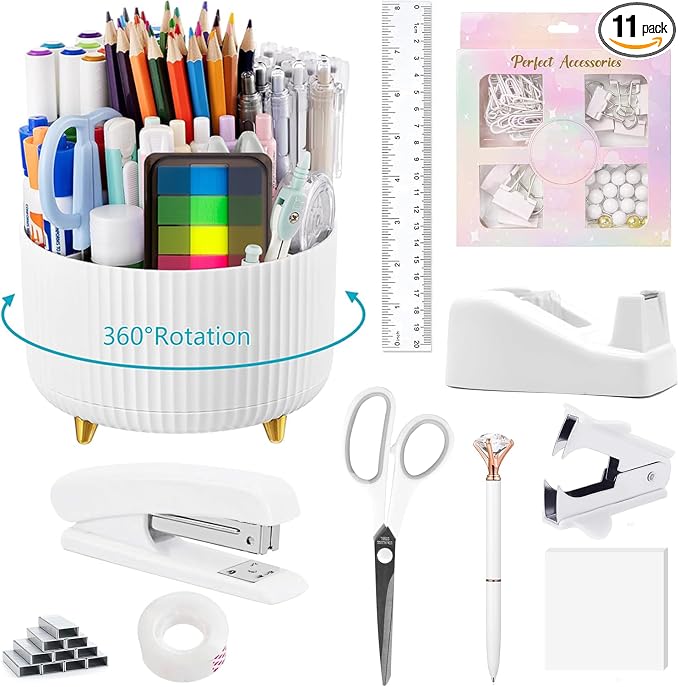 Office Supplies,School Supplies,White Desk Accessories,Desk Organizer,Scissors,Stapler,Tape Dispenser,Binder Clips,Staples,Staple Remover,Sticky Notes,Clear Tape,Pen,Ruler,Best Gift,11pcs