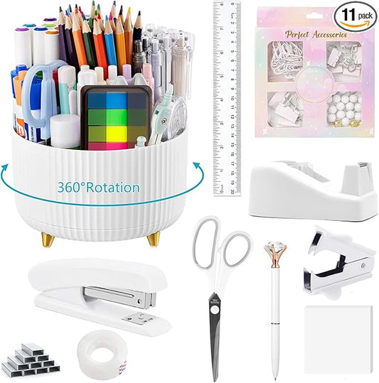Office Supplies,School Supplies,White Desk Accessories,Desk Organizer,Scissors,Stapler,Tape Dispenser,Binder Clips,Staples,Staple Remover,Sticky Notes,Clear Tape,Pen,Ruler,Best Gift,11pcs