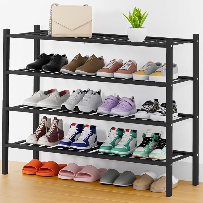 Smiry Bamboo Shoe Rack, 14 Vertical Slats, 4 Tier - 33.7" Wide, Black | Stackable Free Standing Wooden Shoe Organizer, Wood Shoe Storage Shelf for Closet, Entryway, Thicher Leg