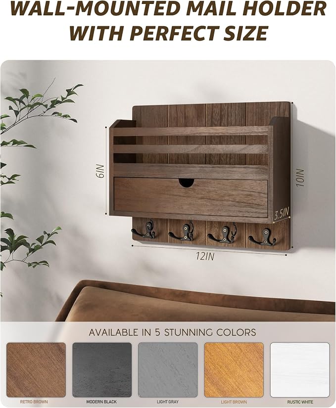 Rebee Vision Mail Organizer Wall Mount with Hooks for Entryway, Retro Brown | Key and Mail Holder for Wall, Storage Drawer, 7 Key Hooks, Mail Organizer, Rustic Home Decor, Office and Garage Organization