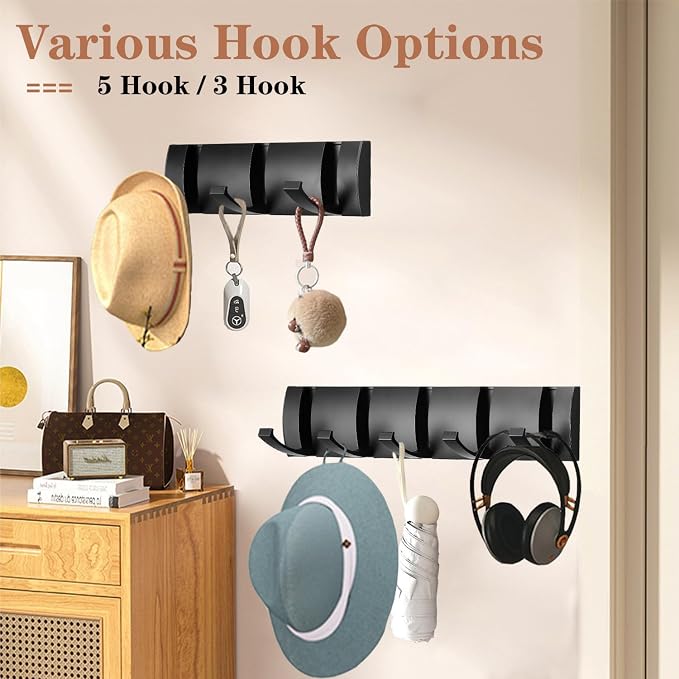 Folding Coat Hooks, Wall Mounted Coat Rack with 3 Retractable Hooks, Heavy Duty Towel Rack for Bathroom Wall Hook for Hanging Clothes Bathrobe, Stainless Steel Coat Hanger for Entryway(Black)