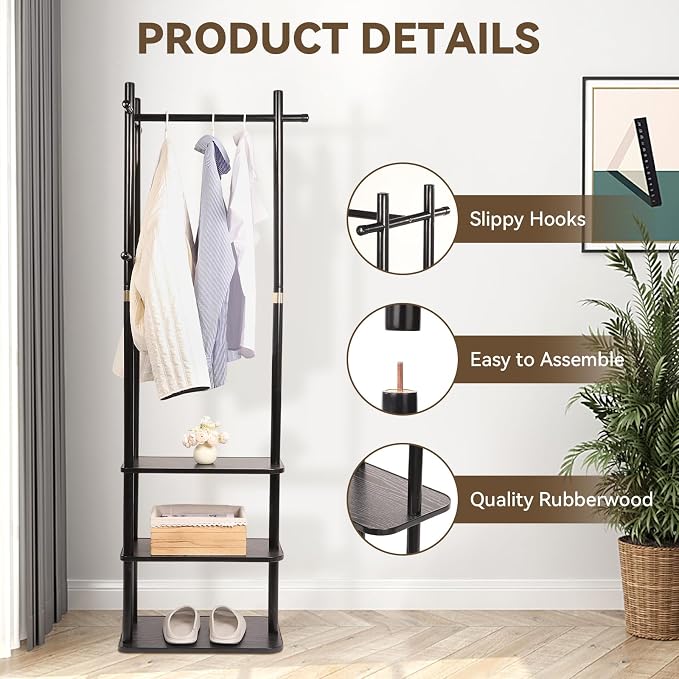 Wood Coat Rack Freestanding Clothing Rack with 3 Shelves and 5 Hooks | Heavy Duty Coat Tree Garment Rack Coat Hanger Stand for Corner Entryways Living Rooms and Bedrooms, Black