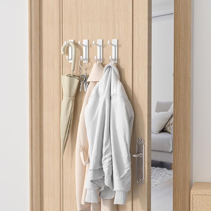 pickpiff Wall Hooks for Coat and Towel: 13LB Strong Adhesive Door Hanger Stick on, White 4 Pack