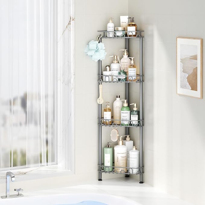 SWTYMIKI Standing Shower Caddy Corner - 4‑Tier Stainless Steel Shower Organizer Shelf with 12 Hooks and Adhesive Pads, Rustproof Corner Shelves Stand Rack for Bathroom Shower Room, Gray