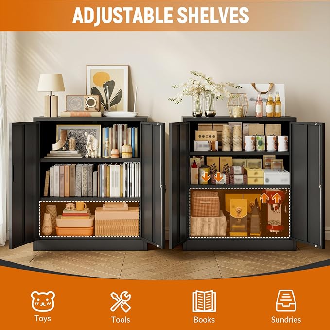 BESFUR Metal Garage Storage Cabinet with 2 Locking Doors and 2 Adjustable Shelves, 36" Black Metal Short Storage Cabinet for Home Office,Garage,School,Utility Room