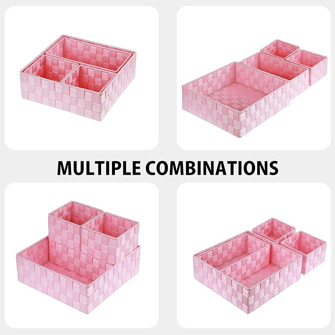 Posprica Woven Storage Baskets for Organizing, Small Baskets Cube Bin Container Tote Organizer Divider for Drawer, Closet, Shelf, Dresser, Set of 4(Pink)