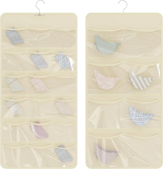 26-Pocket Hanging Closet Organizer for Socks and Underwear, Beige | Non-woven clear compartments keep bras & leggings visible; swivel hook fits wardrobe, closet rod, wall, door or shelves.