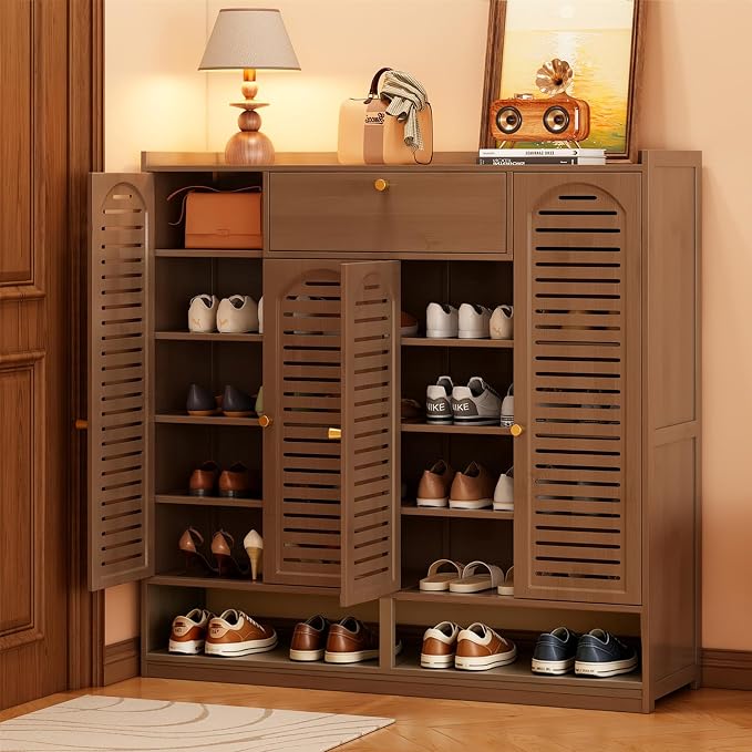 Shoe Cabinet with Louvered Doors, Freestanding Entryway Shoe Storage Cabinet with Drawer & Open Compartment, Modern Bamboo Shoe Rack Organizer with Shelves for Closet