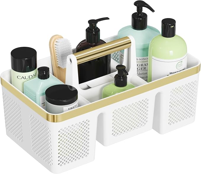 BYUNER Portable Cleaning Caddy & Shower Basket: Hard Plastic Caddy Organizer with Handle, 4 Divided Compartments, All-Side Drainage for Bathroom, Dorm & Utility, College Dorm Room Essentials