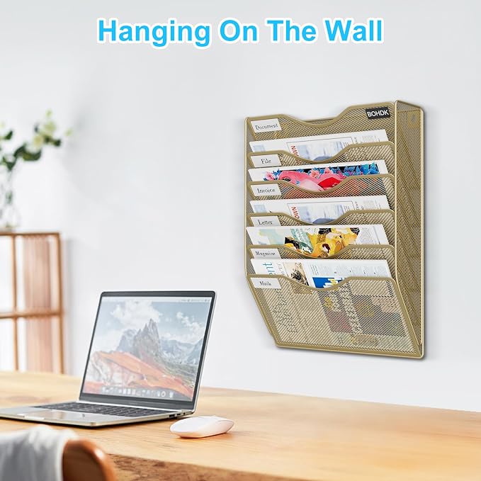 BOHDK Wall File Organizer, Hanging File Folder Mail Organizer, Vertical Mesh Metal Door/Wall Mount Hanging File Holder, Paper Document Magazine Rack with Hooks for Home Office (6 Tier Gold)