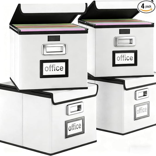 File Organizer Box with Lids, Collapsible File Folder Organizer | File Box with Plastic Slides for Document, Filing Bin for Letter Size Hanging File Folders (4 Pack, Silver, Leather)
