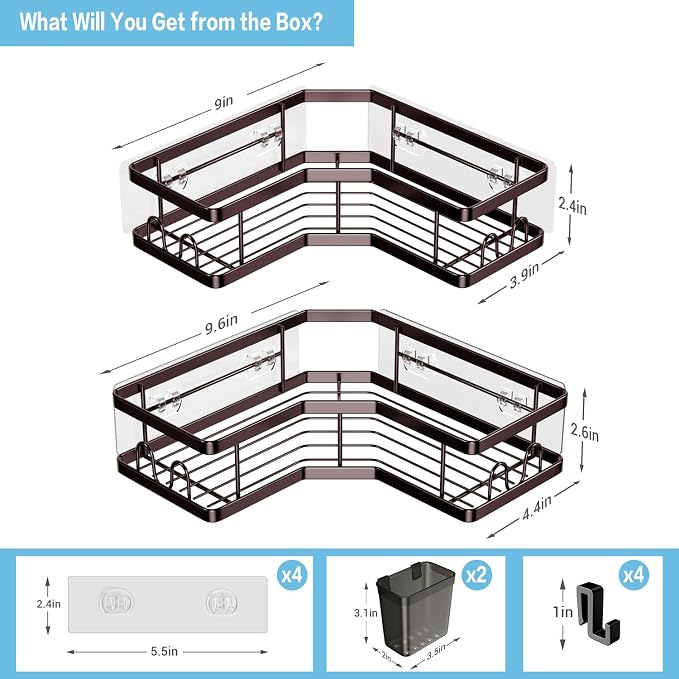 AKTECKE Shower Caddy Corner Organizer: 2Pack Adhesive Shower Shelf Essentials - No Drilling Stainless Steel Bathroom Storage Rack with Hooks and Toothpaste Holder - Shower Accessories