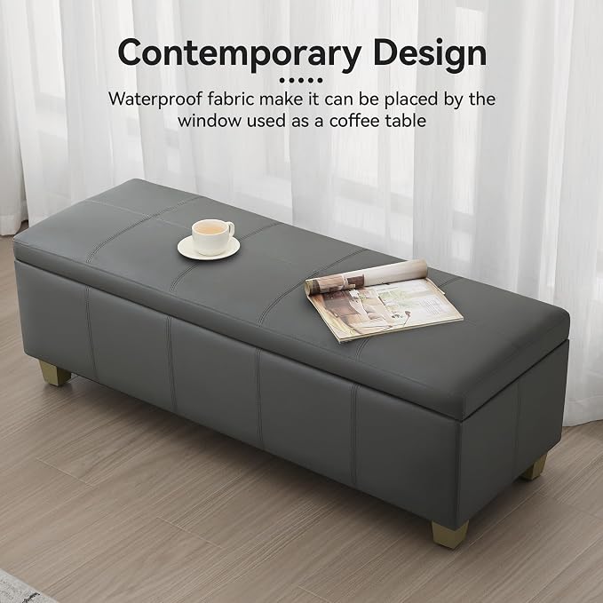 WUTUTUEE 51" Faux Leather Storage Ottoman, Stitch Tufted Rectangle Upholstered End of Bed Storage Bench, Entryway Large Couch Ottoman with Wooden Legs,Dark Grey