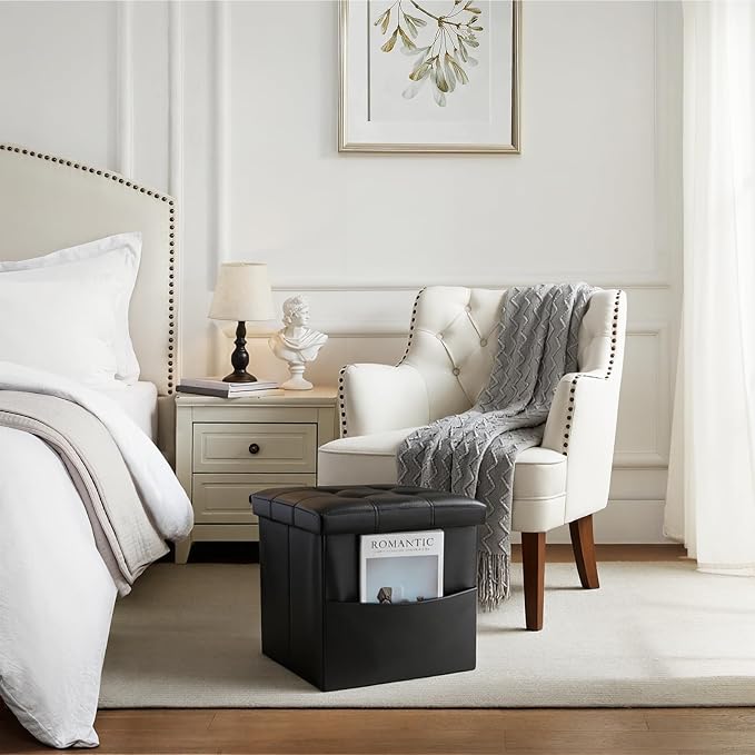 Bsketa Storage Ottoman Bench,15 Inch Folding Leather Foot Rest Stool, Black | Small Ottoman with Side Pockets, Thicker Foam Padded Seat, Livingroom, Dorm, Bedroom, Easy to install, 40L, 15x15x15in