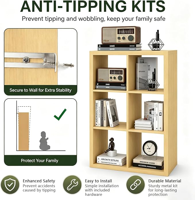 CTESNE【2026 Wooden Thick Frame 6 Cube Storage Organizer Shelf with Anti-Tipping Kits + Reversible Open Back Bookcase, Horizontal and Vertical Dual-use (Oak 13in)