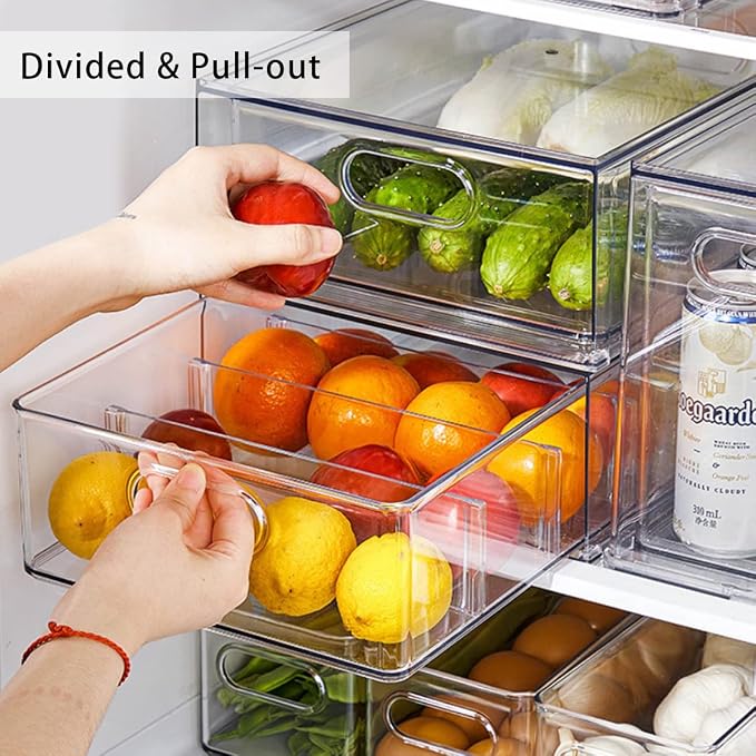 MANO 2Pack Clear Fridge Drawers Pull Out Stackable Refrigerator Drawer Organizer Bins Pantry Storage Box Plastic Food Containers for Kitchen Bathroom Office Closet (X-Large)
