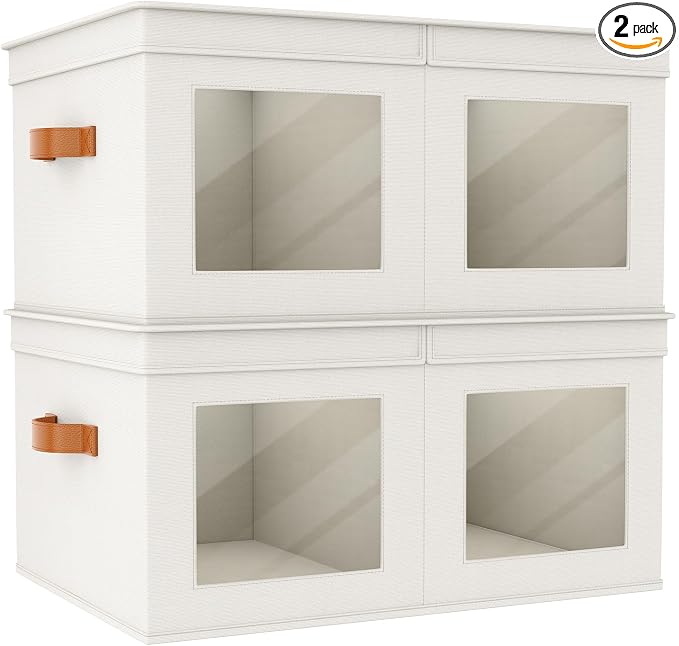 Univivi Large Storage Boxes with Lids, Collapsible Foldable Storage Bins for Clothes, [2-Pack] Fabric Storage Cubes with Handles, Closet Organizers for Home, Bedroom (Beige, 24” x 17” x 12") | 24 x 17 x 12 In Foldable Storage Boxes with Handles, Clear ...