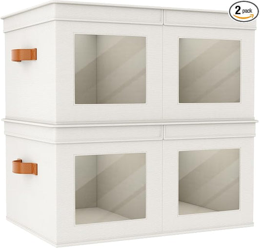 Univivi Large Storage Boxes with Lids, Collapsible Foldable Storage Bins for Clothes, [2-Pack] Fabric Storage Cubes with Handles, Closet Organizers for Home, Bedroom (Beige, 24” x 17” x 12") | 24 x 17 x 12 In Foldable Storage Boxes with Handles, Clear ...