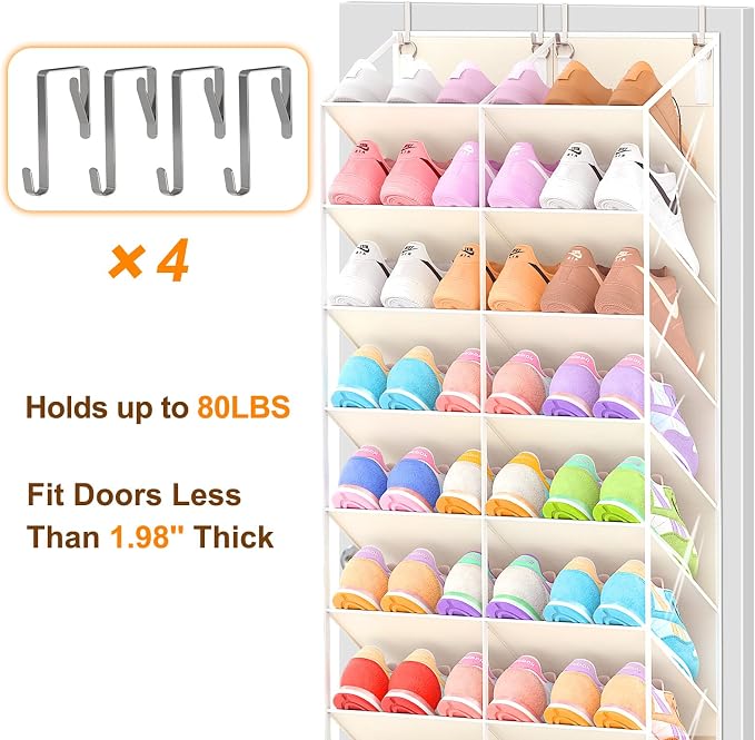 UVIAHOMI 20-30 Pairs Over the Door Shoe Organizer, Clear Pockets Hanging Shoe Storage for Closet, 10-Tier Door Shoes Rack, Handing Shoes Holder Fit All the Family's Sneakers, Boots, Heels, Beige
