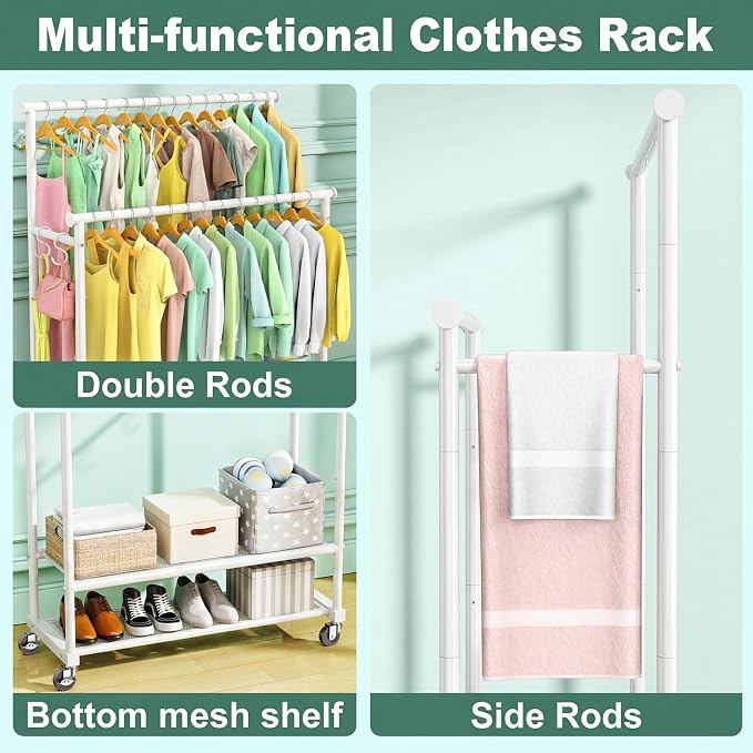 Double Rods Clothes Rack for Hanging Clothes, Heavy Duty Rolling Clothing Rack with Wheels, Freestanding Garment Racks with Oxford Bottom Shelf and Mesh Bottom Shelf for Bedroom Laundry (White)