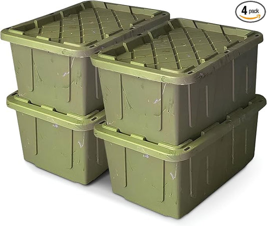 HOMZ 4-Pack Durabilt Tote, Heavy Duty Plastic Storage Bins with Lids, 27 Gallon, Green Camo - Stackable Organizing Containers for Home, Garage, and Office