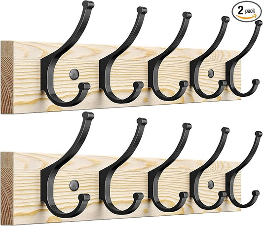 Optish 2 Pack Wooden Coat Rack Wall Mount, 16.1" Rustic Coat Hanger Hooks with 10 Double Hooks, Wall Coat Rack for Hat, Clothes, Bags, Jacket, Natural Wood
