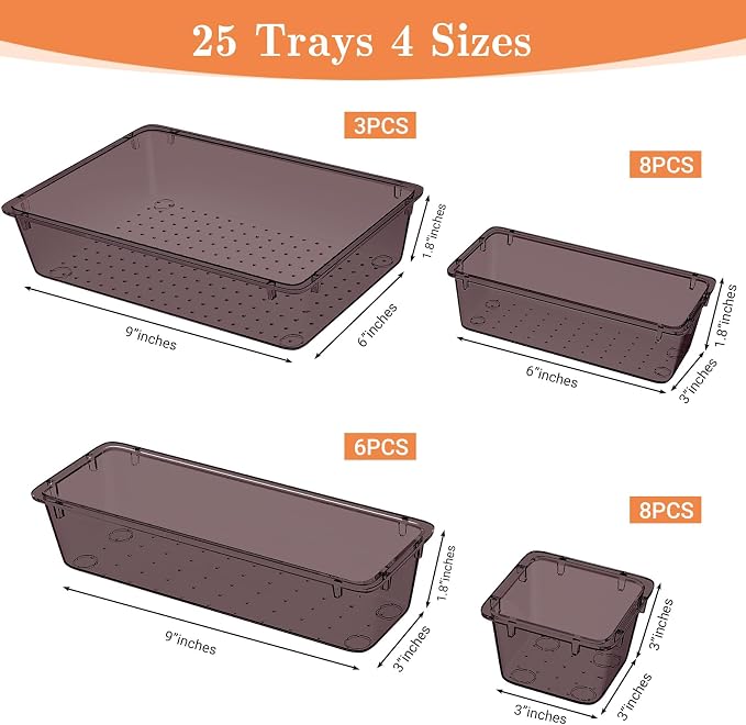 SpaceHacks 25 PCS Plastic Drawer Organizer Set, 4-Size Versatile Organizer Trays & storage Bins for Makeup, Jewelry, and Gadgets in Bathroom, Bedroom and Office,Brown