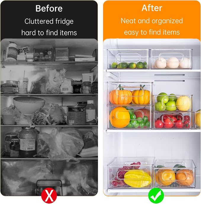 6 Pack Refrigerator Organizer Bins | 3 Sizes Stackable Clear Pantry Storage with Handles for Fridge, Freezer, Shelves, Drawer, Snack Organizer for Home & Kitchen