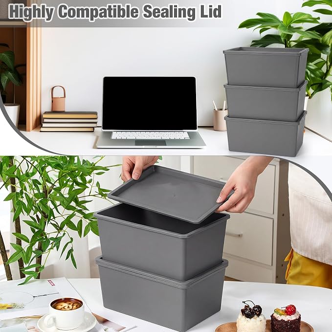 6 Pcs Storage Bins with Lids Small Plastic Storage Containers Stackable Storing Baskets Box Cute Organizer Bins for Organizing Shelves (Gray)