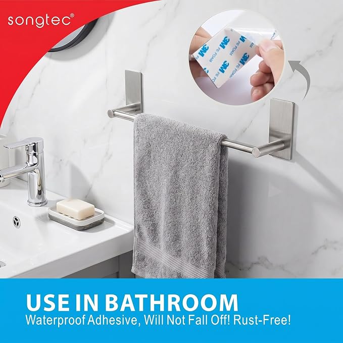 Songtec Bathroom Towel Bar 16-inch, No Drill Stick On Towel Rack, Easy Install with Self-Adhesive, Premium SUS304 Stainless Steel - Brushed Nickle