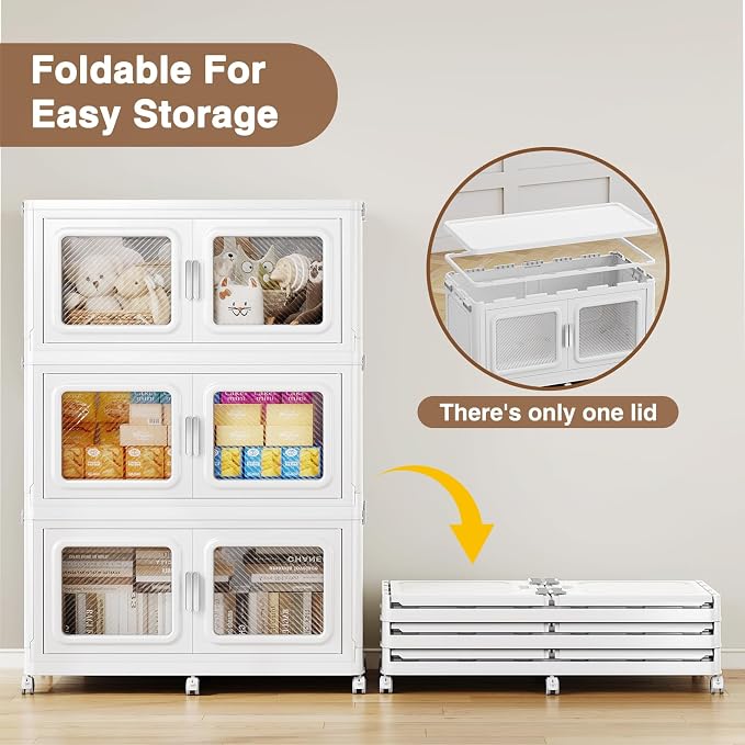 BROVIEW 300Gal Extra Large Storage Bins with Lid and Wheels, White, 4 Pack | 1 lid Plastic Cabinets Stackable Collapsible Foldable Storage Box Total 1200 Quart Organizer Drawers For Home Office Garage