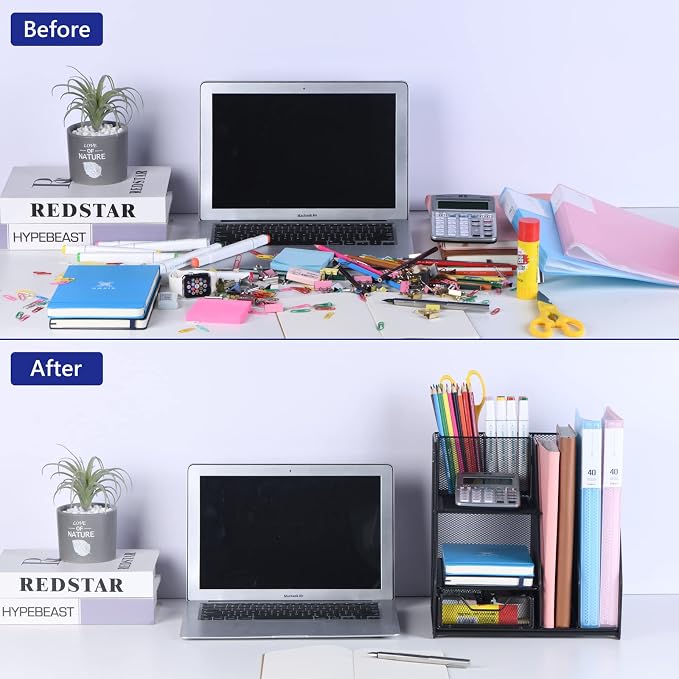 Topwey Desk Organizer, File Organizer for Desk with 2-Tier Paper Letter Tray, Drawer and 2 Pen Holder, Mesh Desktop Organization with Magazine Holder for Office Supplies
