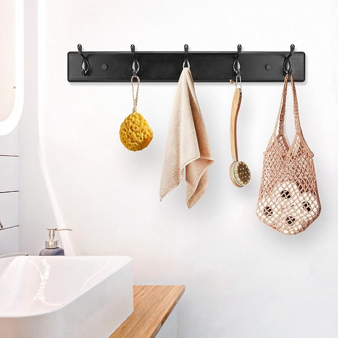 Badiano Wooden Coat Rack, Wall-Mounted Organizer for Closet, Entryway, Hallway, Foyer, Bedroom, Heavy Duty Double Hooks for Hanging Towels, Bags, Hats, Jackets, Key (Black, 5 Hooks)