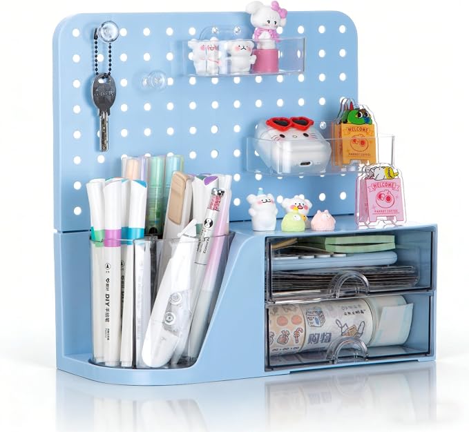 Comix Desk Organizer with 2 Drawer, Blue 360° Rotating Pen Holder for Desk | Desk Organizers and Accessories with 5 Slots Pencil Holder+Pegboard+Drawer, Pen Organizer for Home School Art Office Supplies