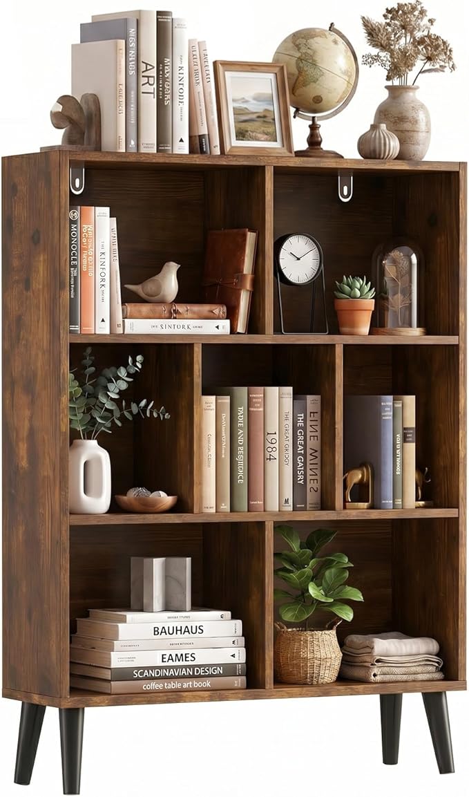 7 Cube Storage Organizer Shelf，Open Cube Bookshelf with Legs | 3 Tier, Mid-Century, Heavy Duty, Modern Bookcase, Display Shelf, Living Room, Bedroom, Office, Deep Brown