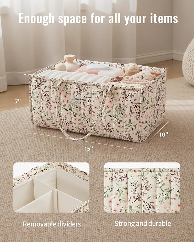 Blissful Diary Floral Diaper Caddy Organizer, Stylish Nursery Storage Basket, Diaper Bag,Gift for Baby Shower, Baby Registry Must Have, Newborn Essentials, Pastoral Daisy