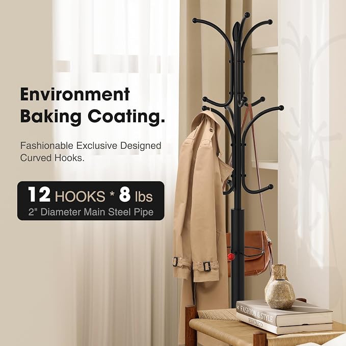 Coat Rack Freestanding,12 Hooks Coat Racks with Natural Marble Base & Umbrella Holder,Easy Assembly Coat Rack Stand for Hanging Scarf,Purse,Hats,Jacket(Black)